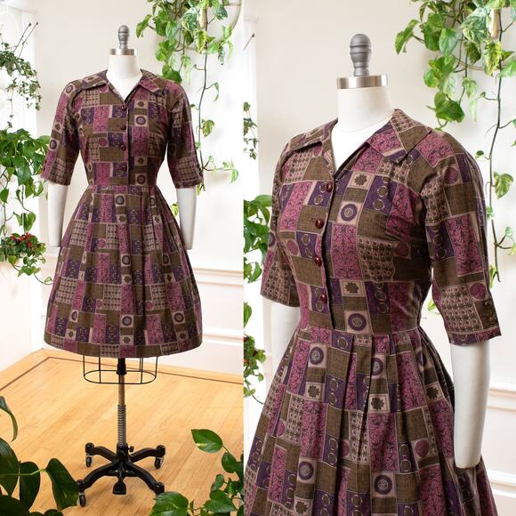 Vintage 1950s Shirtwaist Dress 50s Geometric Cotton Purple Brown Fit and Flare
